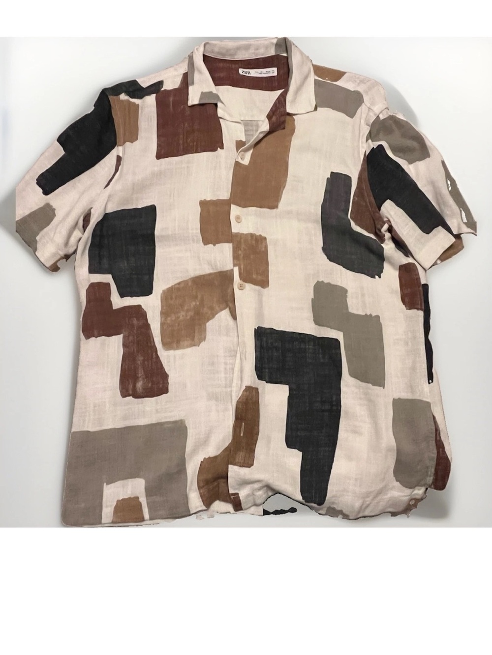 Zara Men Short Sleeve Abstract Block Print Shirt - Beige, Brown, Black, Gray